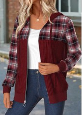 Wine Red tops,Plaid tops,Geometric tops,ROTITA Tummy Coverage Plaid Wine Red Hoodie and Coat
