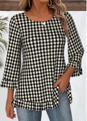 Black tops,Plaid tops,Geometric tops,ROTITA Tummy Coverage Plaid Black Round Neck T Shirt