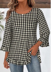 Black tops,Plaid tops,Geometric tops,ROTITA Tummy Coverage Plaid Black Round Neck T Shirt
