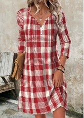 Red dresses,Plaid dresses,Geometric dresses,Everyday dresses,Casual dresses,ROTITA Tummy Coverage Plaid Red Short Split Neck Dress
