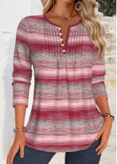 Multi Color tops,Striped tops,Geometric tops,ROTITA Tuck Stitch Striped Multi Color Split Neck Blouse