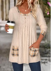 T-shirt à carreaux à col rond et à motif camel clair avec motif à carreaux et motif à carreaux