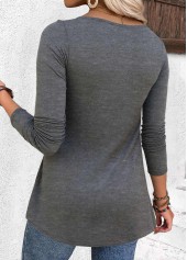 Grey tops,Plain Color tops,ROTITA Pleated Grey Split Neck Long Sleeve T Shirt