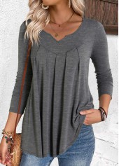 Grey tops,Plain Color tops,ROTITA Pleated Grey Split Neck Long Sleeve T Shirt