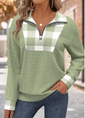ROTITA Tummy Coverage Plaid Sage Green Turn Down Collar Sweatshirt