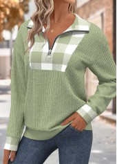 Sage Green tops,Plaid tops,Geometric tops,ROTITA Tummy Coverage Plaid Sage Green Turn Down Collar Sweatshirt