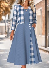 Dusty Blue dresses,Plaid dresses,Geometric dresses,Everyday dresses,Casual dresses,ROTITA Tummy Coverage Plaid Dusty Blue Dress and Cardigan