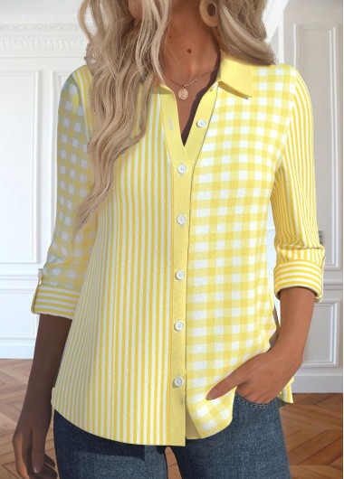 Light Yellow tops,Striped tops,Geometric tops,ROTITA Patchwork Striped Light Yellow Long Sleeve Shirt