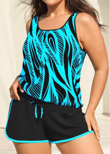 Cyan plus size,Geometric plus size,ROTITA Plus Size Patchwork Geometric Print Mint Green Tankini Set