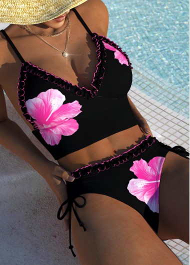 Black swimwear,Floral swimwear,Plants swimwear,ROTITA Tie Black Floral Print Mid Waisted Bikini Set