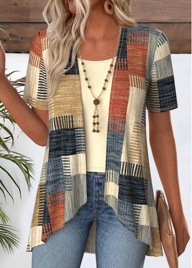 Multi Color tops,Geometric tops,ROTITA Geometric Print Short Sleeve Fake Two Piece Twinset