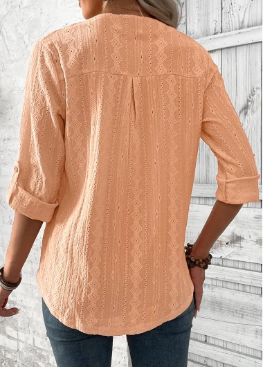 Orange tops,Plain Color tops,ROTITA Dusty Pink Split Neck 3/4 Sleeve Blouse