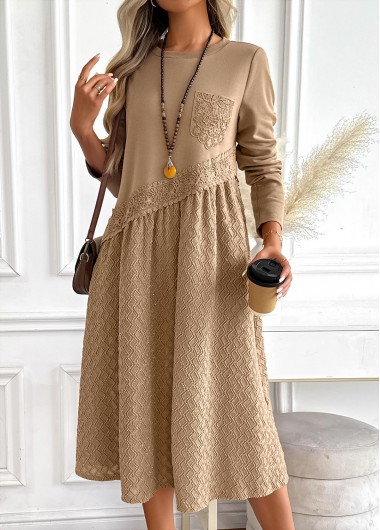 Dark Camel dresses,Plain Color dresses,Everyday dresses,Casual dresses,ROTITA Tummy Coverage Dark Camel Round Neck Long Sleeve Dress