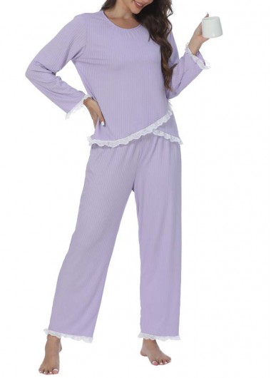 Purple loungewear,Plain Color loungewear,Purple Round Neck Long Sleeve Lounge Top and Pants