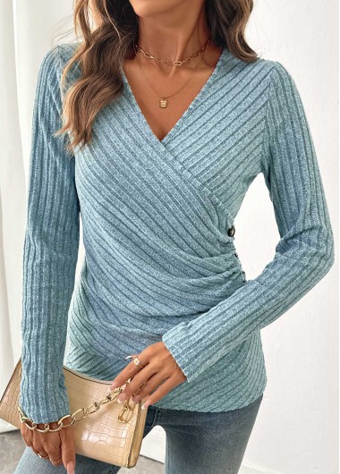 Dusty Blue tops,Plain Color tops,ROTITA Surplice Dusty Blue V Neck Long Sleeve T Shirt
