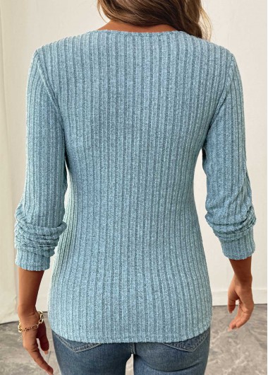 Dusty Blue tops,Plain Color tops,ROTITA Surplice Dusty Blue V Neck Long Sleeve T Shirt
