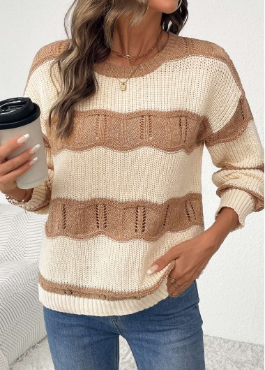 Beige tops,Contrast Color tops,Beige Round Neck Long Sleeve Sweater