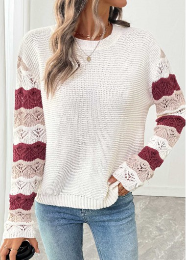 White tops,Contrast Color tops,White Round Neck Long Sleeve Sweater