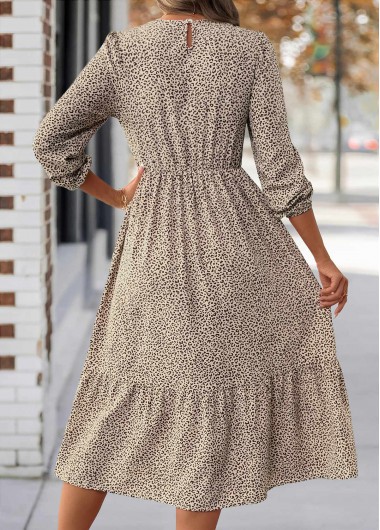 Light Coffee dresses,Leopard dresses,Animal Print dresses,Everyday dresses,Casual dresses,ROTITA Tummy Coverage Leopard Light Coffee Round Neck Dress