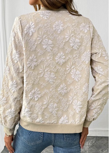 Light Coffee tops,Plain Color tops,Zipper Light Coffee Stand Collar Long Sleeve Jacket