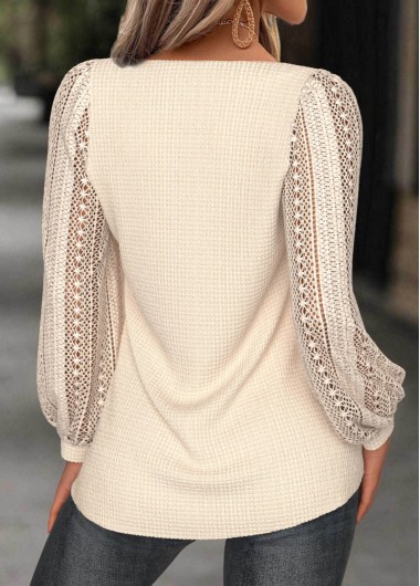 Beige tops,Plain Color tops,ROTITA Beige Heart Collar Long Sleeve T Shirt