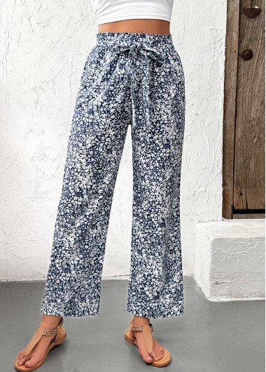 Light Blue bottoms,Ditsy Floral bottoms,Ditsy Floral Print Light Blue Straight Leg Pants