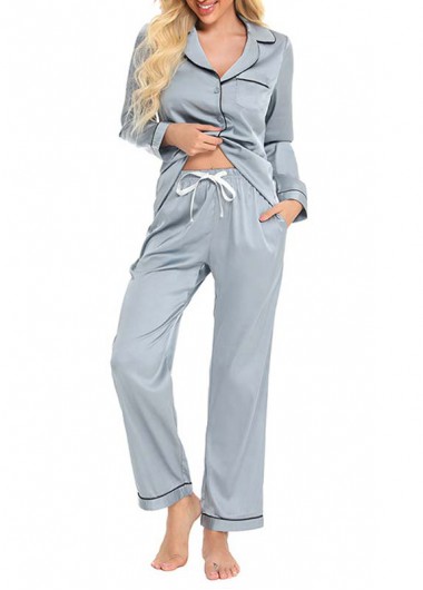 Dark Grey loungewear,Plain Color loungewear,Dark Grey Turn Down Collar Lounge Top and Pants