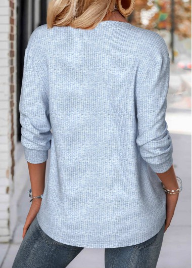 Light Blue tops,Plaid tops,Geometric tops,ROTITA Tummy Coverage Plaid Light Blue Split Neck Sweatshirt