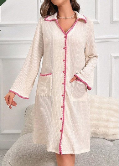 Beige loungewear,Contrast Color loungewear,Beige Turn Down Collar Long Sleeve Nightdress