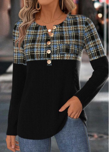 Black tops,Plaid tops,Geometric tops,ROTITA Tummy Coverage Plaid Black Split Neck T Shirt