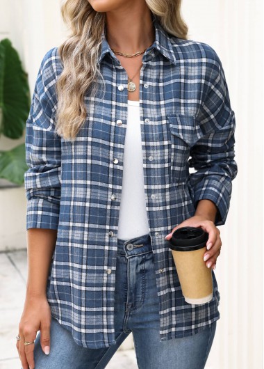Blue tops,Plaid tops,Geometric tops,ROTITA Patch Pocket Plaid Blue Long Sleeve Shirt