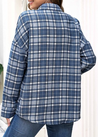 Blue tops,Plaid tops,Geometric tops,ROTITA Patch Pocket Plaid Blue Long Sleeve Shirt