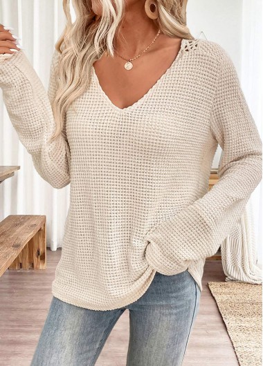 Beige tops,Plain Color tops,ROTITA Tummy Coverage Beige V Neck Long Sleeve T Shirt