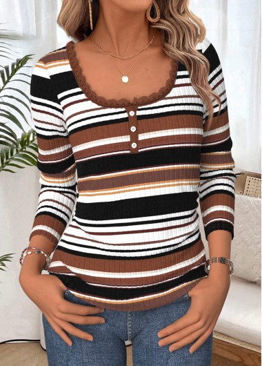 Multi Color tops,Striped tops,Geometric tops,ROTITA Tummy Coverage Striped Multi Color Scoop Neck T Shirt