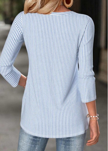 Light Blue tops,Striped tops,Geometric tops,ROTITA Fake 2in1 Striped Light Blue Split Neck T Shirt