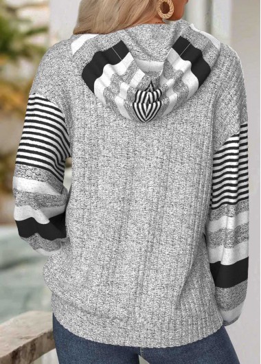 Light Grey tops,Striped tops,Geometric tops,ROTITA Tummy Coverage Striped Light Grey Long Sleeve Hoodie