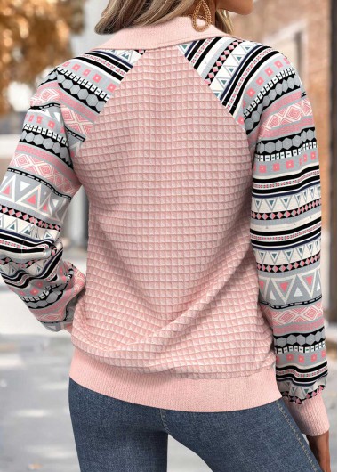 Light Pink tops,Geometric tops,ROTITA Tummy Coverage Geometric Print Light Pink Long Sleeve Sweatshirt