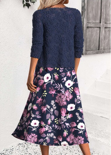 Navy dresses,Floral dresses,Plants dresses,Everyday dresses,Casual dresses,ROTITA Tummy Coverage Floral Print Navy Dress and Cardigan