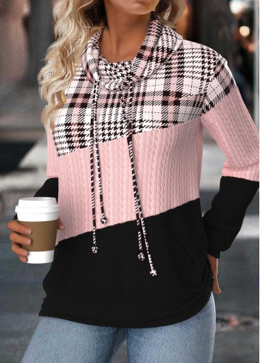 Light Pink tops,Plaid tops,Geometric tops,ROTITA Tummy Coverage Plaid Light Pink Cowl Neck Sweatshirt