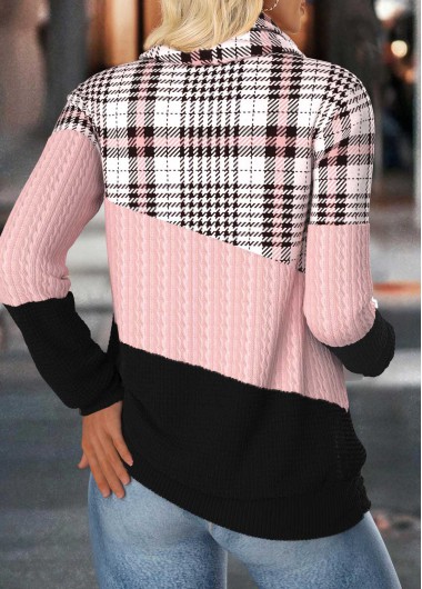 Light Pink tops,Plaid tops,Geometric tops,ROTITA Tummy Coverage Plaid Light Pink Cowl Neck Sweatshirt
