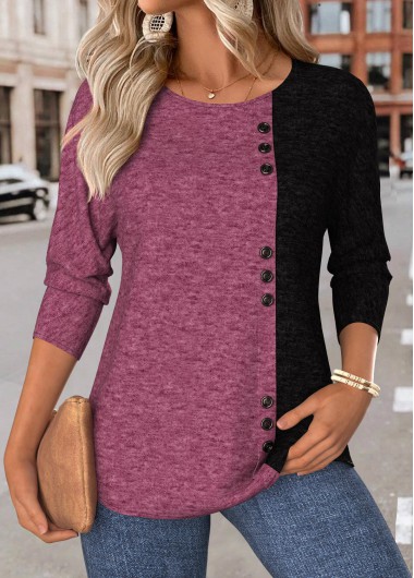 Dark Reddish Purple tops,Plain Color tops,ROTITA Tummy Coverage Dark Reddish Purple Round Neck T Shirt