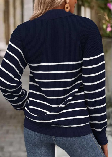 Navy tops,Striped tops,Geometric tops,ROTITA Tummy Coverage Striped Navy Turn Down Collar Sweatshirt
