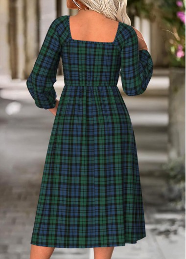 Green dresses,Plaid dresses,Geometric dresses,Everyday dresses,Casual dresses,ROTITA Tummy Coverage Plaid Green Square Neck Long Sleeve Dress