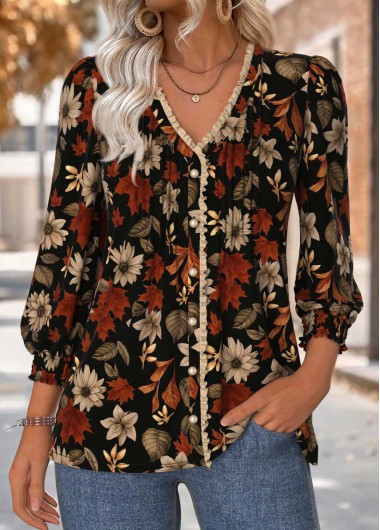 Black tops,Floral tops,Plants tops,ROTITA Tummy Coverage Floral Print Black V Neck Blouse