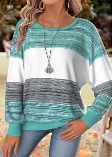 Mint Green tops,Striped tops,Geometric tops,ROTITA Tummy Coverage Striped Mint Green Round Neck T Shirt