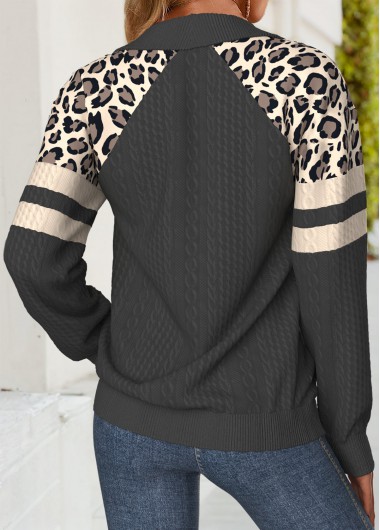 Dark Grey tops,Leopard tops,Animal Print tops,ROTITA Tummy Coverage Leopard Dark Grey Turn Down Collar Sweatshirt