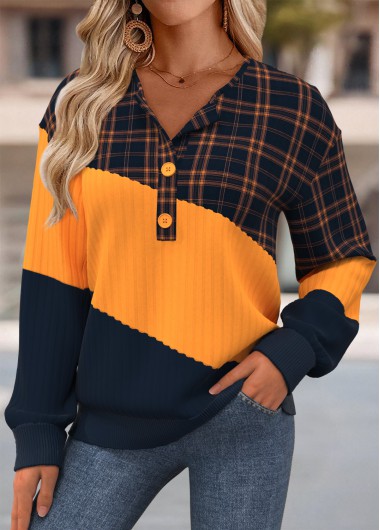 Multi Color tops,Plaid tops,Geometric tops,ROTITA Tummy Coverage Plaid Multi Color Split Neck Sweatshirt