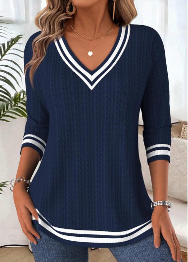 Navy tops,Plain Color tops,ROTITA Tummy Coverage Navy V Neck Long Sleeve T Shirt