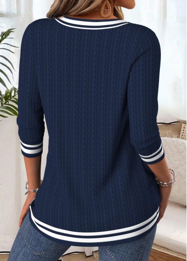 Navy tops,Plain Color tops,ROTITA Tummy Coverage Navy V Neck Long Sleeve T Shirt