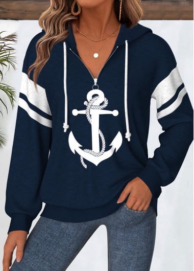 Navy tops,Geometric tops,ROTITA Tummy Coverage Geometric Print Navy Long Sleeve Hoodie